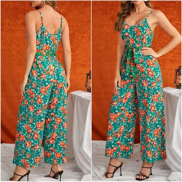 Boho Floral print Wide leg Belted Jumper Jumpsuit - Picture 3 of 3